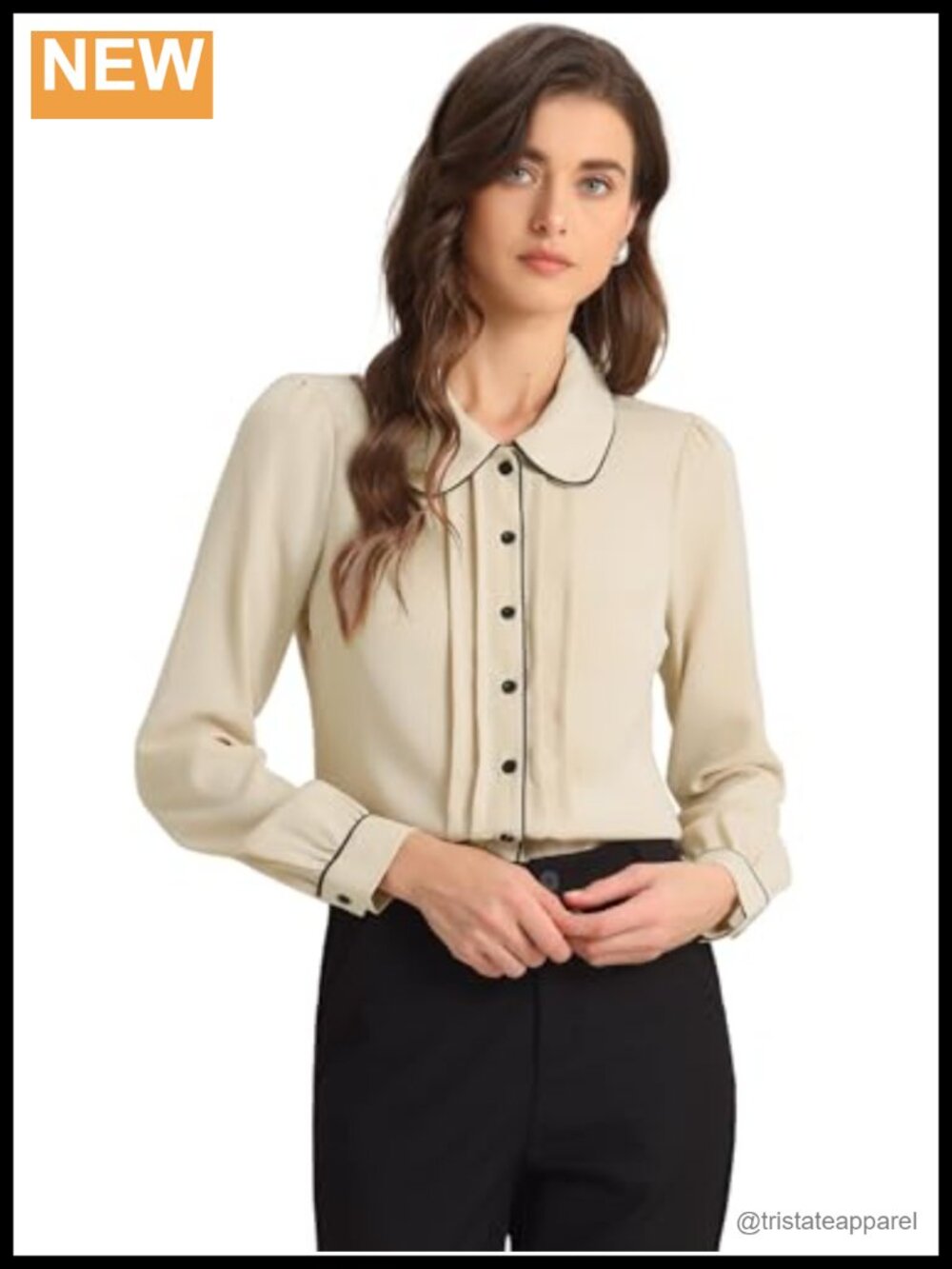 Peter Pan Collar Long Sleeve Button Down Blouse Pleated Front